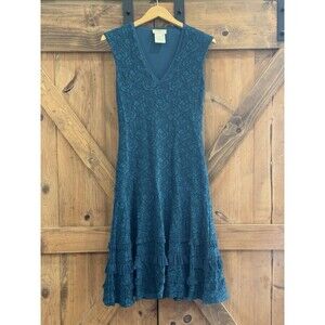 Fuzzi Brand Teal Floral Ruffled Sleeveless Midi V Neck Dress Women's Sz M Italy